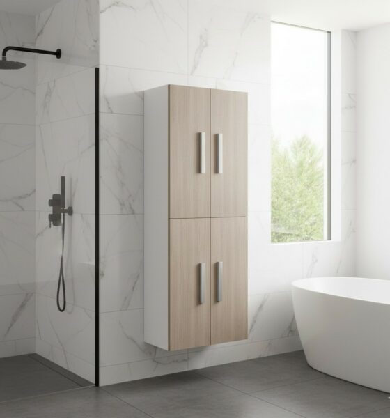 Mueble auxiliar de baño en forma de columna con bisagras de freno y acabado contemporáneo
