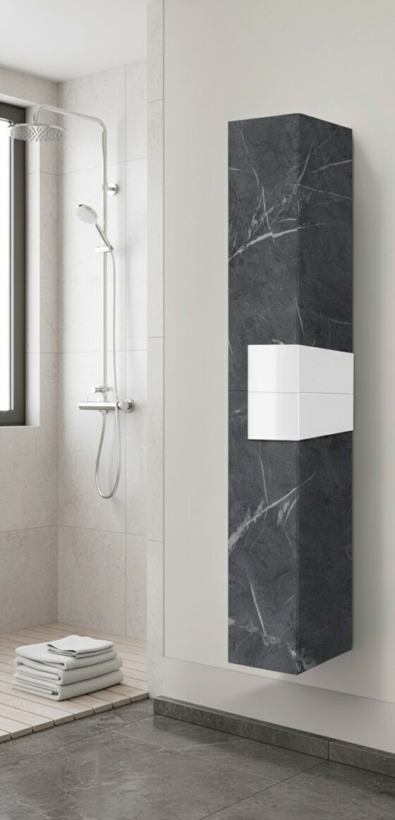 Columna de baño en acabado marmol oscuro con diseño moderno, puertas push y gran capacidad de almacenaje.
