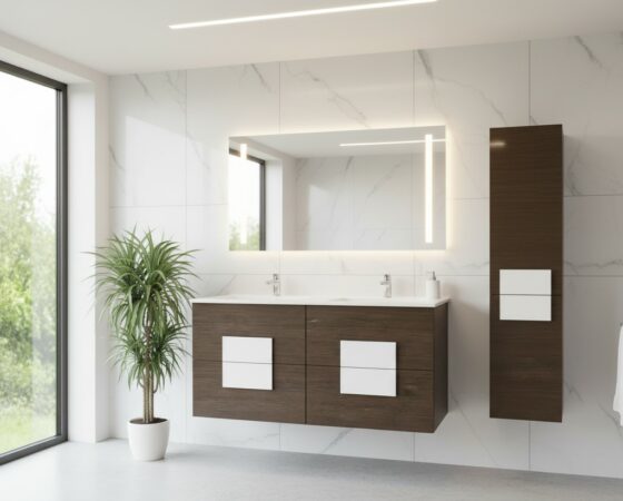 Mueble de baño suspendido con cajones, acabado en madera wengué.