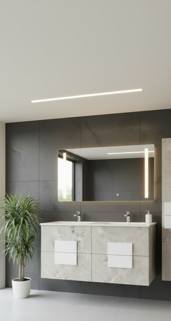 Conjunto de baño de diseño minimalista con mueble y columna de almacenamiento.