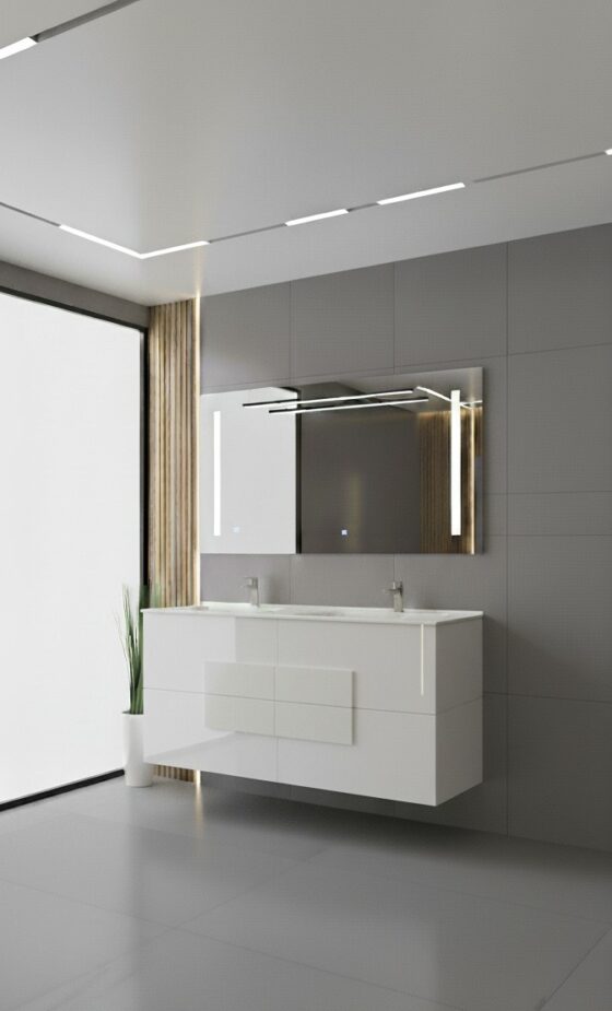 Baño con mueble de diseño contemporáneo y mueble columna a juego.