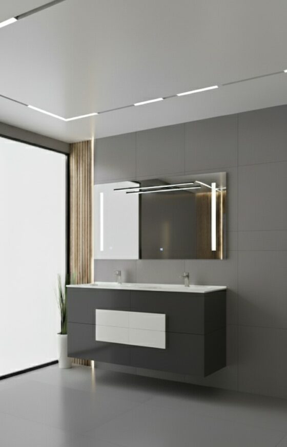 Mueble de baño suspendido con cajones y tiradores minimalistas.