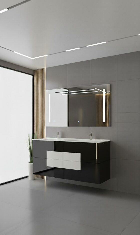 Conjunto de baño completo con mueble negro, columna y espejo con iluminación LED.