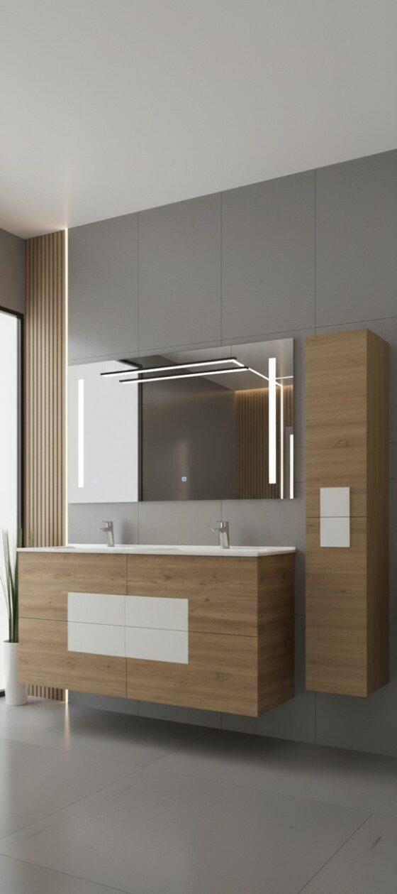 Mueble de baño moderno con doble lavabo y espejo iluminado con tiradores integrados.