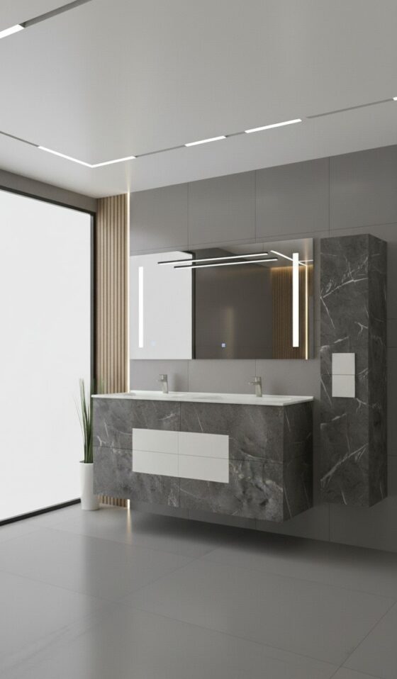 Conjunto de baño completo con mueble, lavabo doble y columna de almacenamiento.