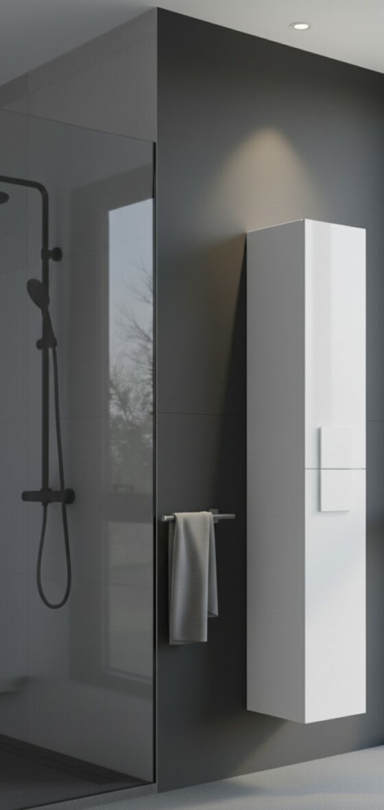 Columna auxiliar para baño con estantes y puertas.
