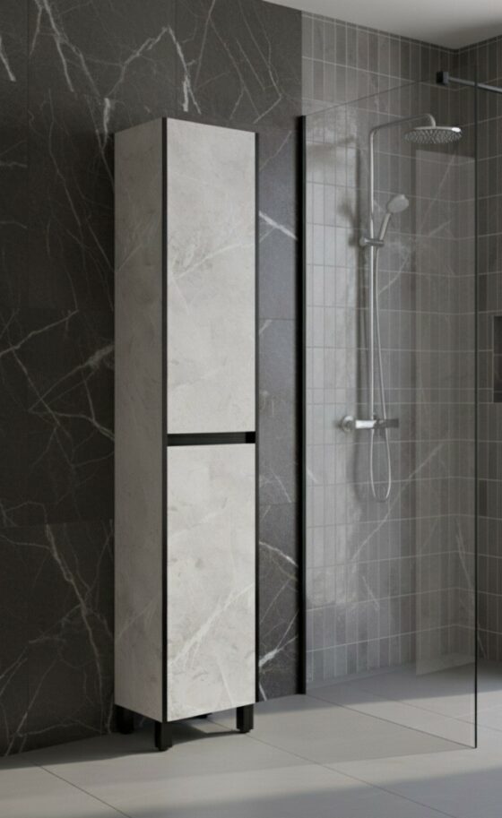 Columna auxiliar de baño sin tirador, diseño minimalista y moderno, color blanco, almacenamiento vertical